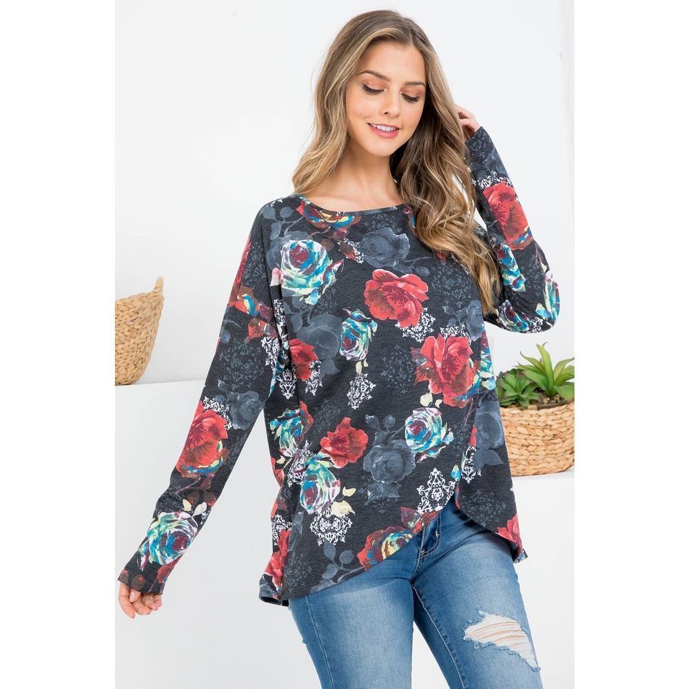 Black Floral Wrap Front Tunic Top - Picture 1 of 9